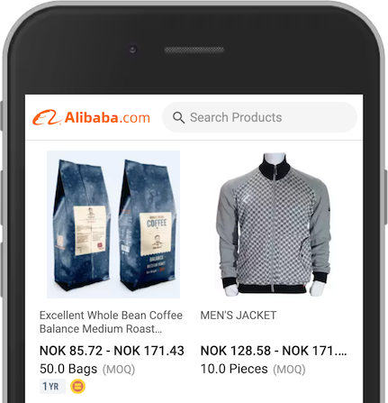 Screenshot from Alibaba on a phone, showing two products &ndash;&nbsp;coffee and jacket.